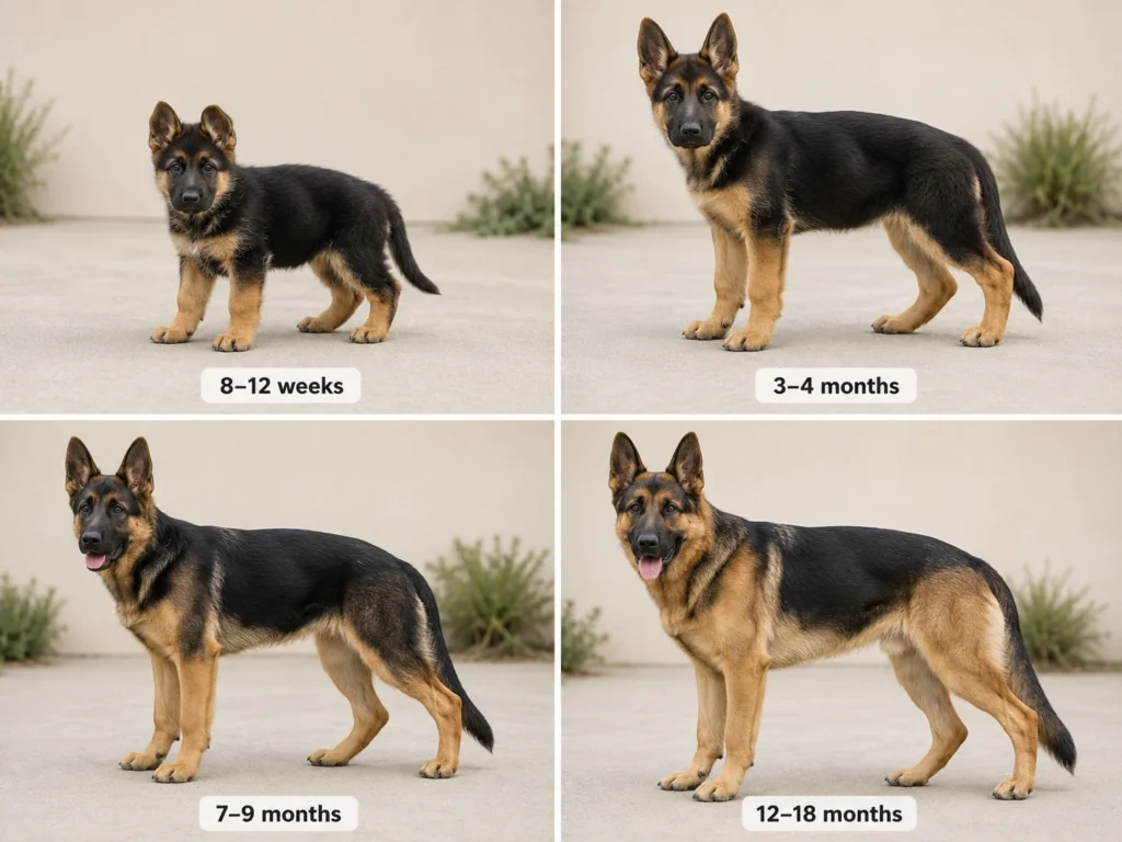 German Shepherd puppy growth stages from young puppy to lean teenage dog and young adult