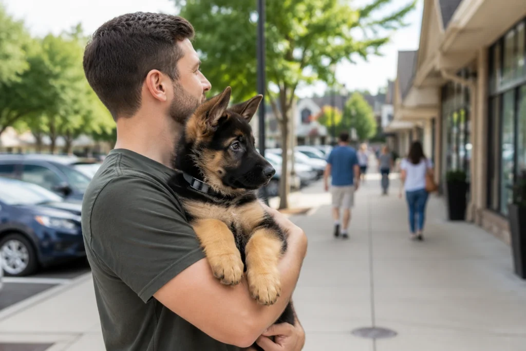 German Shepherd puppy being carried outdoors before vaccines are completeGerman Shepherd puppy being carried outdoors before vaccines are complete