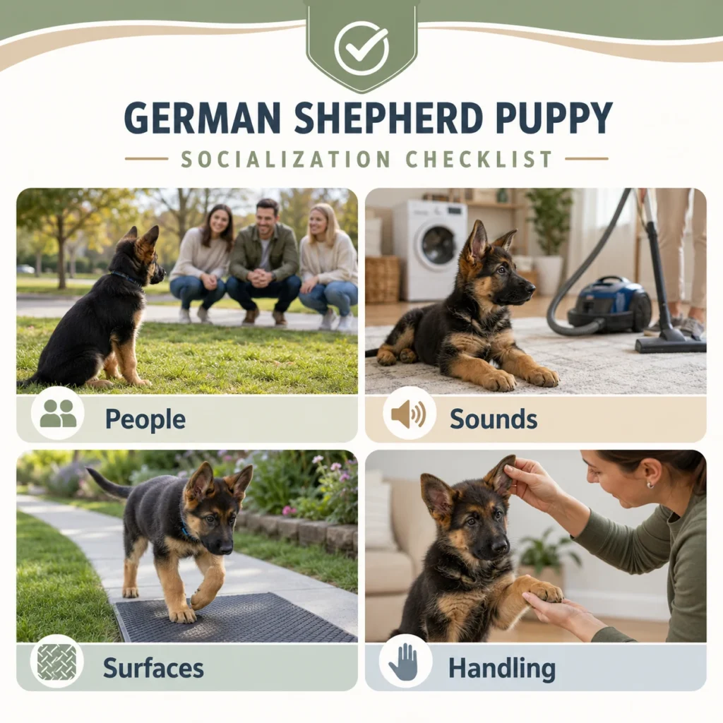 German Shepherd puppy socialization checklist with people sounds surfaces and handling German Shepherd puppy socialization guide