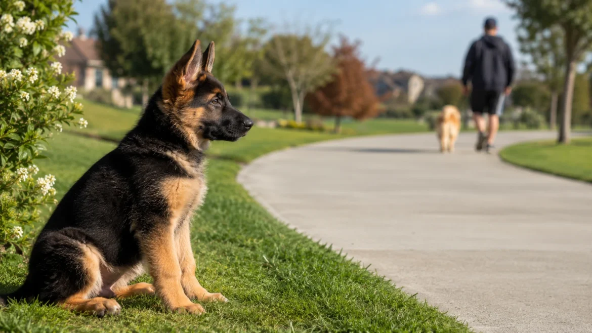 German Shepherd puppy calmly observing people outdoors during socialization