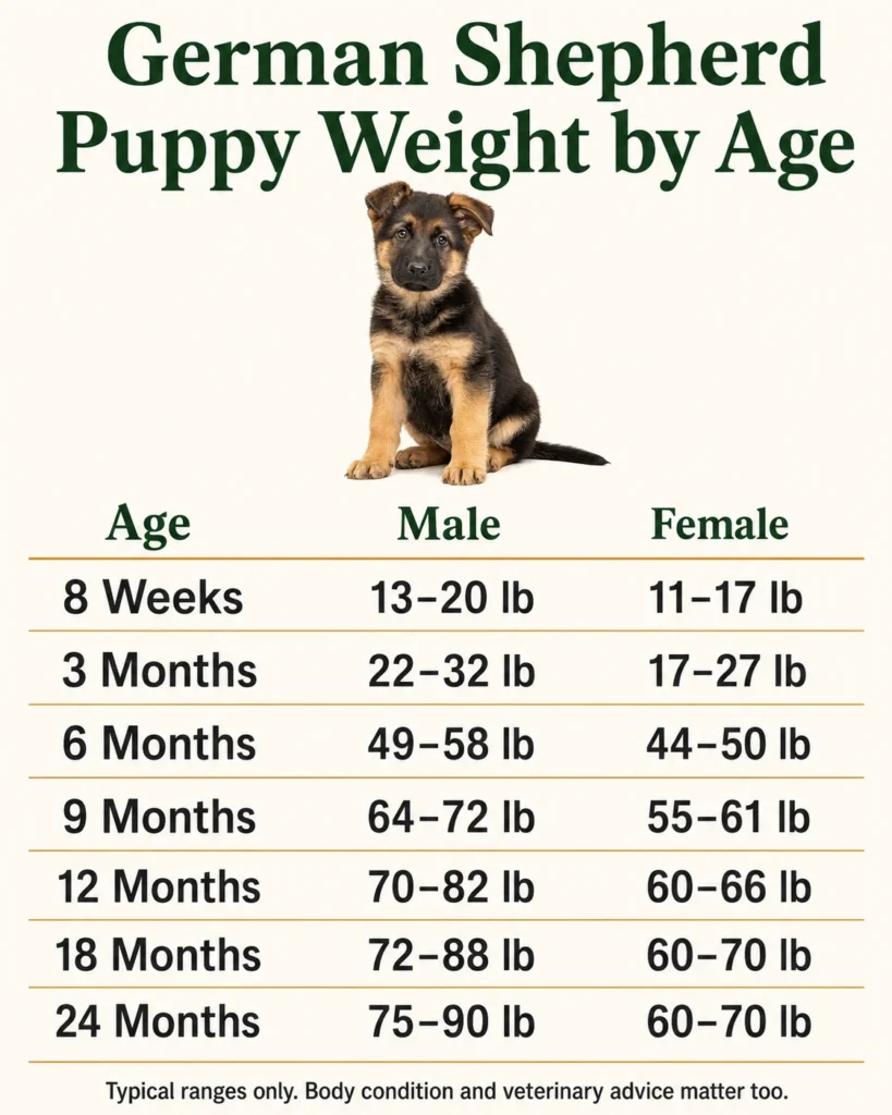 German Shepherd puppy weight ranges by age for males and females