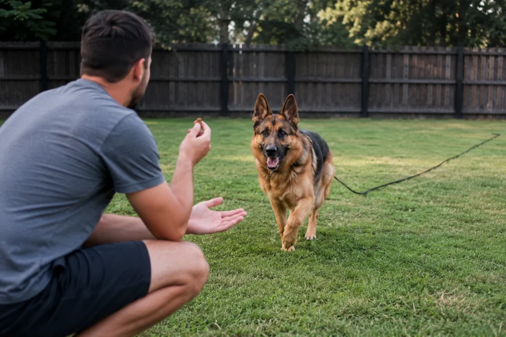 German Shepherd practicing recall training on a long line in a fenced yard