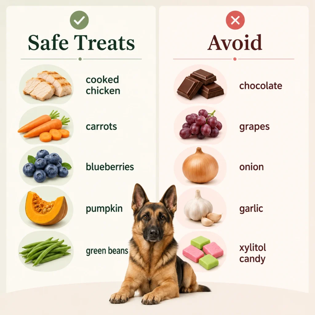 Infographic showing safe treats and unsafe foods for German Shepherds