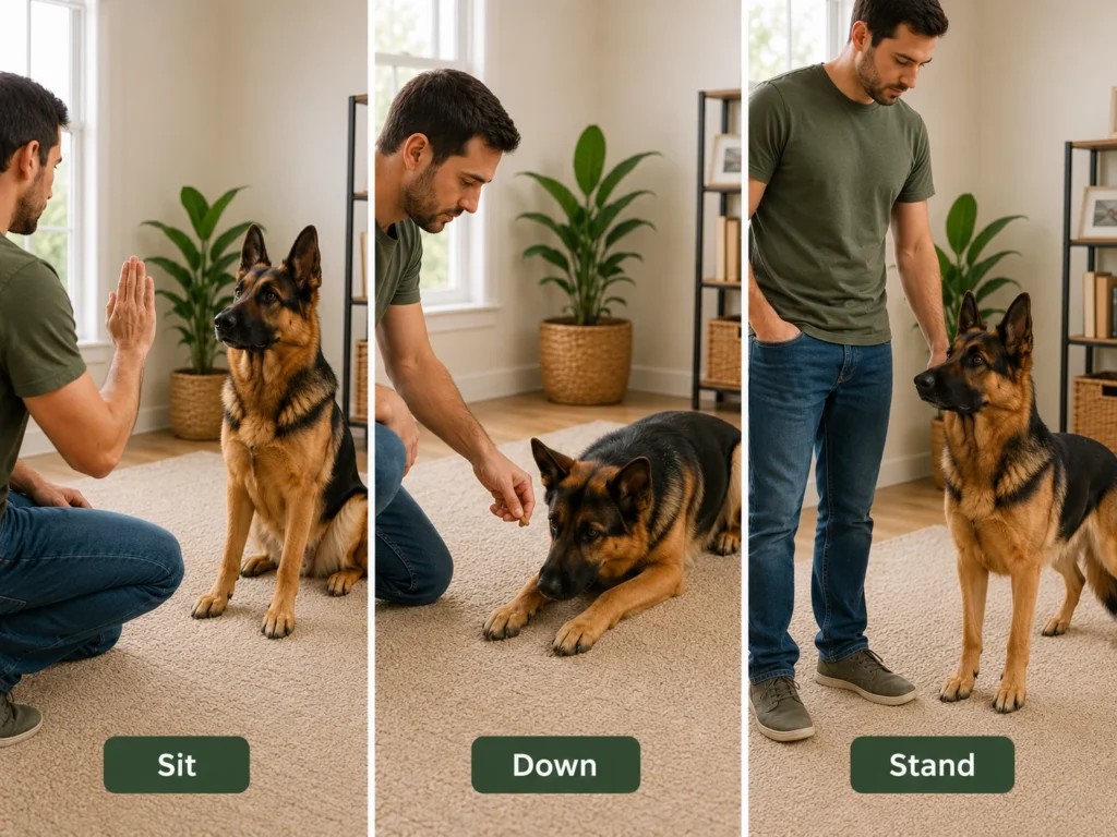 German Shepherd learning sit down and stand commands with owner