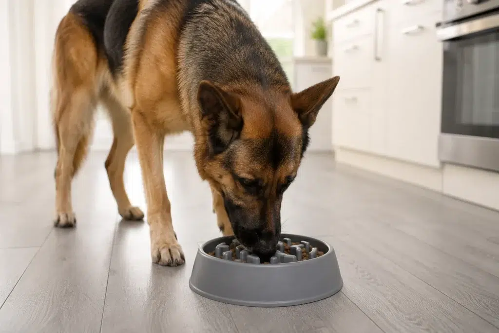 German Shepherd eating kibble from a slow feeder bowl