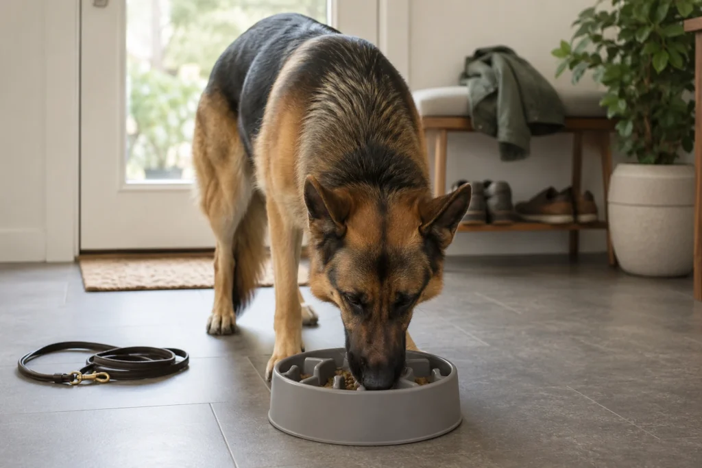 what do german shepherds eat German Shepherd calmly eating from a slow feeder bowl at home
