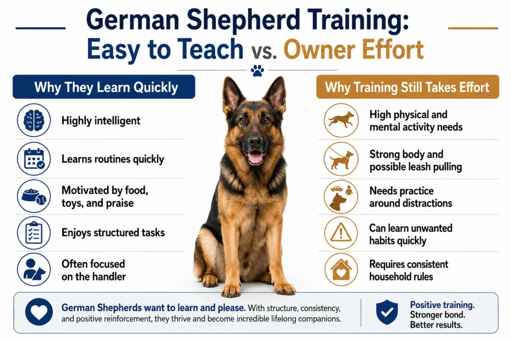 German Shepherd training infographic comparing why the breed learns quickly with the daily effort and consistency owners must provide.