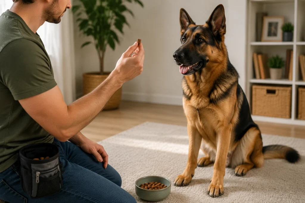 German Shepherd waiting calmly while owner prepares training treats, how to train a german shepherd