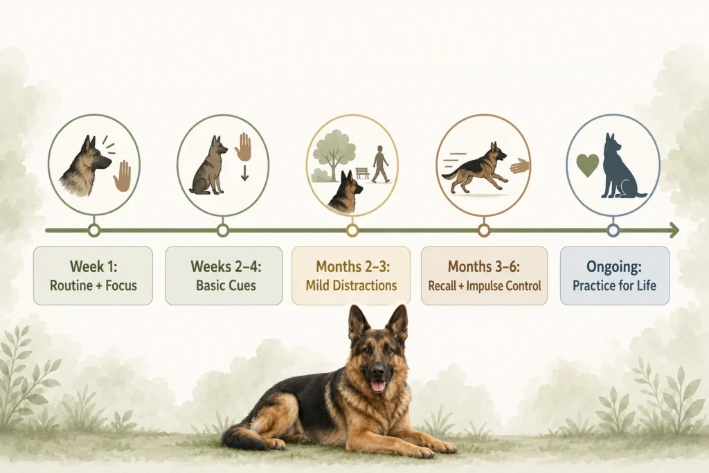 German Shepherd training timeline from week one to ongoing practice