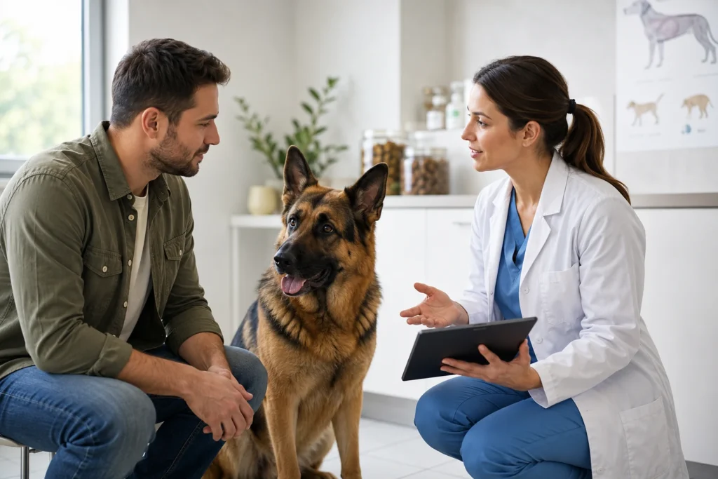 Veterinarian discussing German Shepherd diet with a dog owner