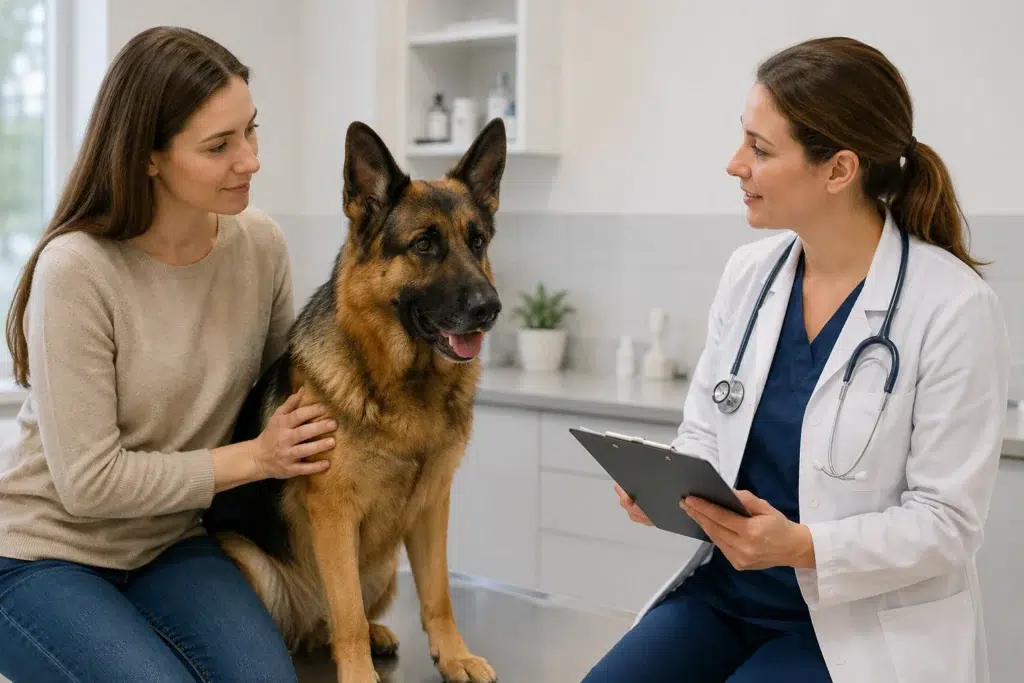 German Shepherd with owner during a veterinary diet consultation