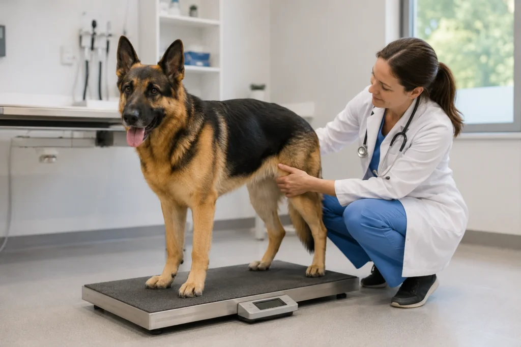 Veterinarian checking a calm German Shepherd during a routine weight and body condition visit