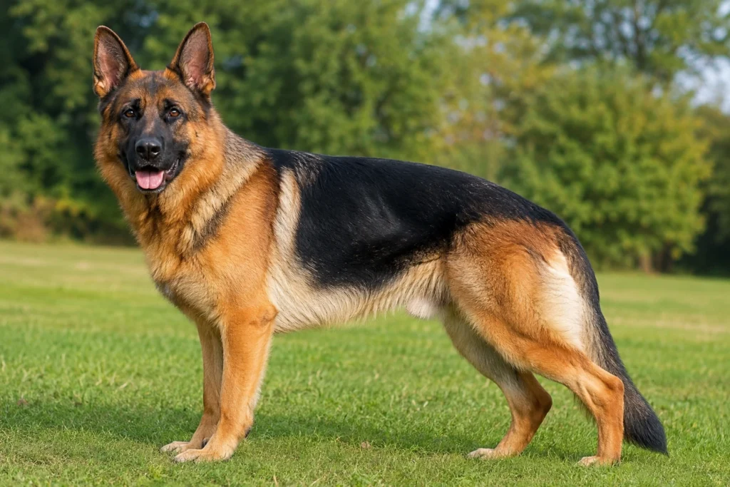 Healthy adult male German Shepherd standing outdoors with a strong chest and athletic body shape