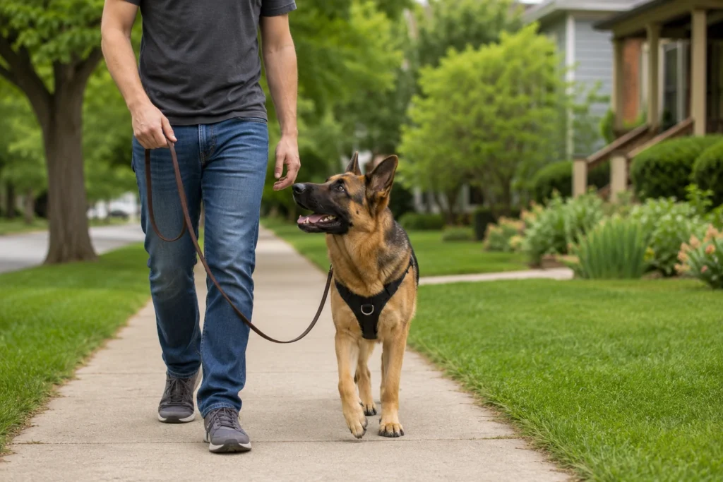 German Shepherd walking calmly beside owner on a loose leash