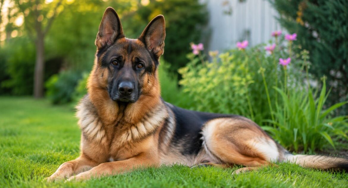 Adult German Shepherd resting outdoors for an article about how long German Shepherds live