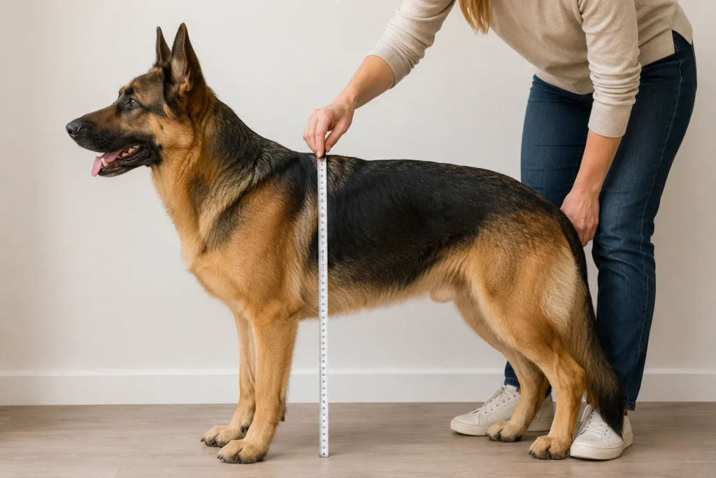 Owner measuring a German Shepherd at the shoulder while the dog stands squarely on a flat surface
