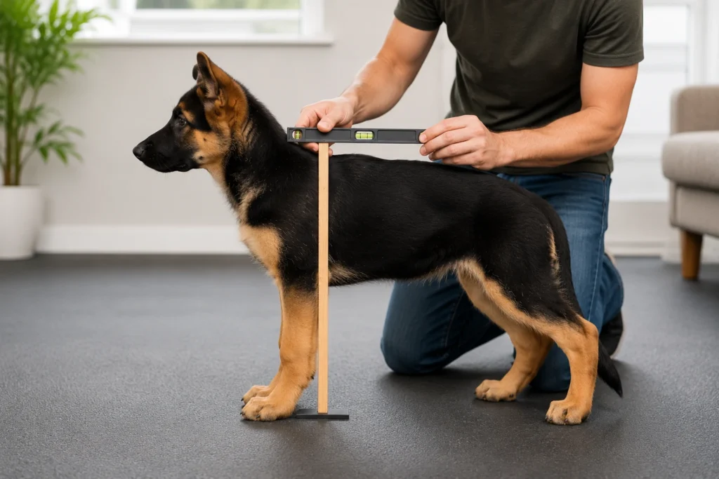 Measuring a German Shepherd puppy’s height from the floor to the shoulder blades