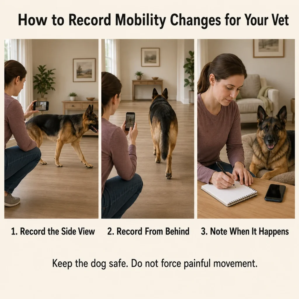 Three steps for recording German Shepherd mobility changes for a veterinarian