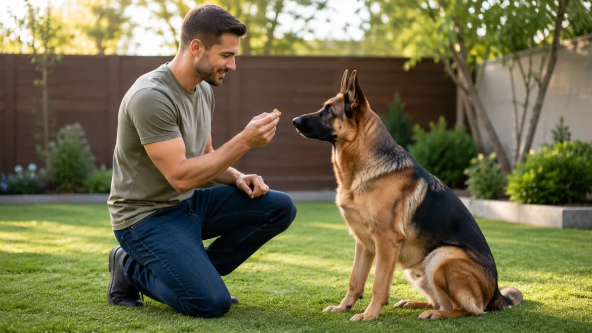 German Shepherd sitting calmly beside owner during positive training session