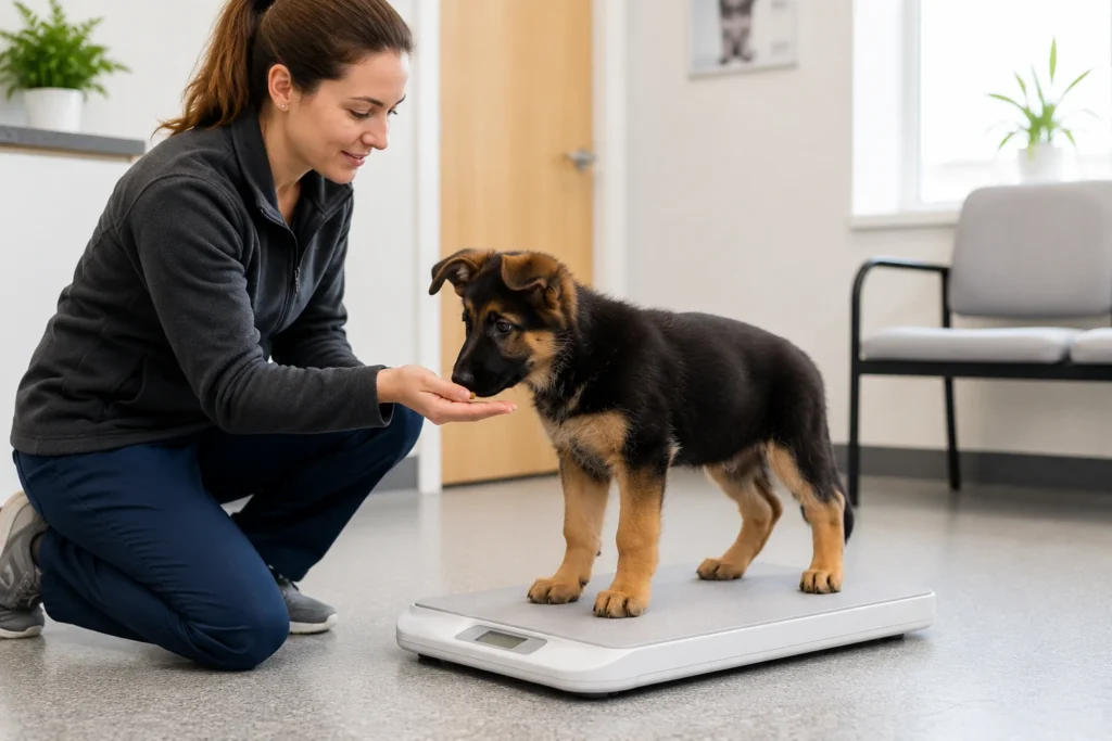 German Shepherd puppy standing correctly on a digital pet scale