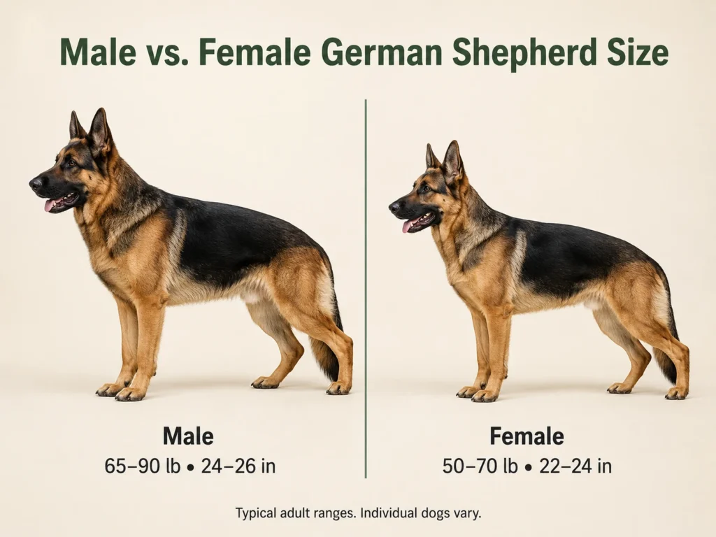 Male and female German Shepherd adult size comparison