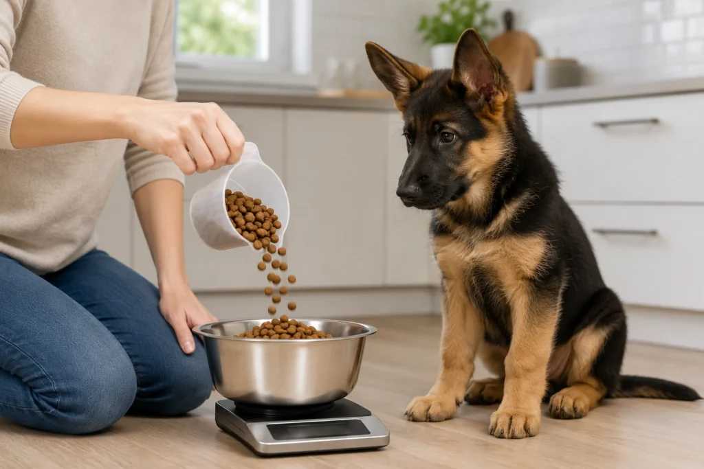 Owner measuring a German Shepherd puppy’s daily food portion on a kitchen scale