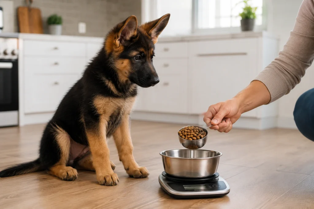 Measured puppy-food portion prepared for a German Shepherd puppy
