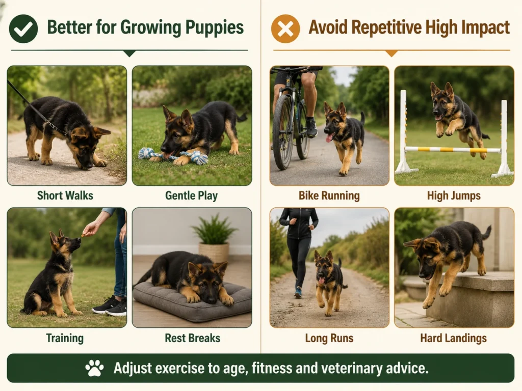 Safe activities compared with high-impact exercise for a German Shepherd puppy