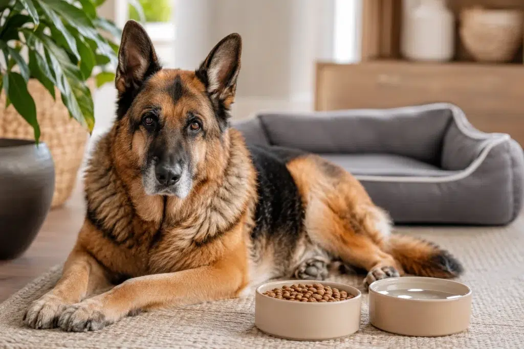 Senior German Shepherd resting near a clean food and water bowl