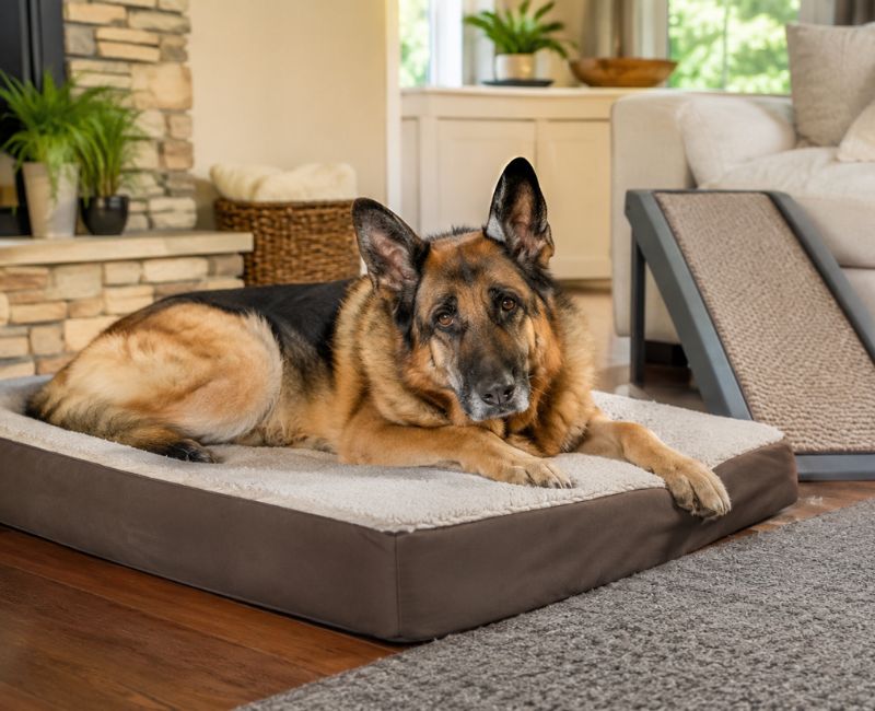 Senior German Shepherd resting on an orthopedic bed for joint support