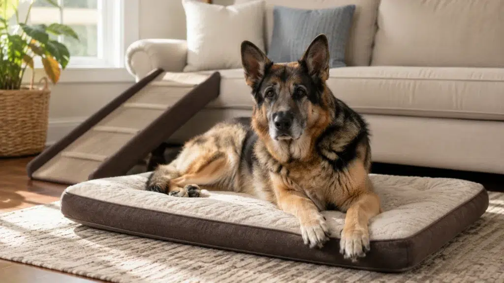 How Long Do German Shepherds Live? Lifespan, Aging, and Care Tips Senior German Shepherd resting on a supportive dog bed near a non-slip rug and pet ramp.