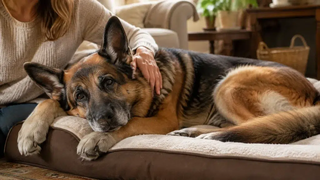 How Long Do German Shepherds Live? Lifespan, Aging, and Care Tips Senior German Shepherd relaxing comfortably with owner, showing quality of life and senior dog care.