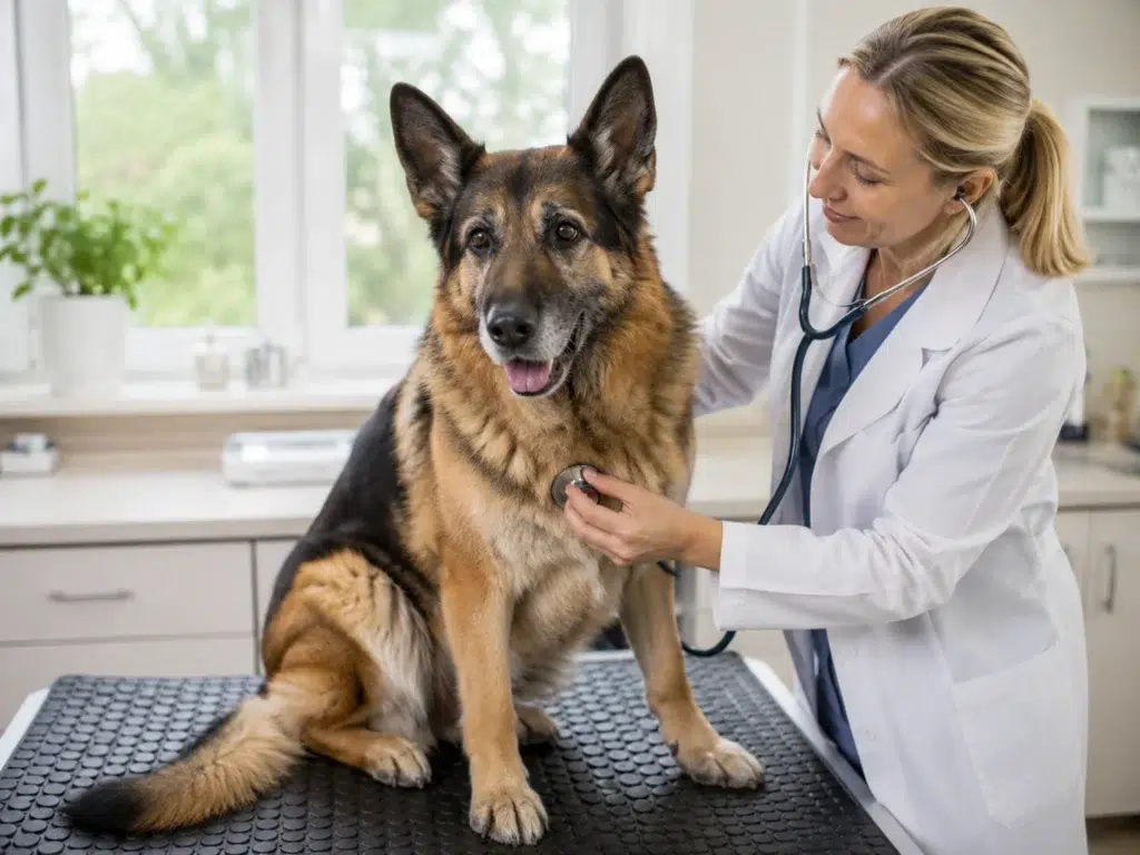 How Long Do German Shepherds Live? Lifespan, Aging, and Care Tips Senior German Shepherd receiving a calm wellness exam from a veterinarian.