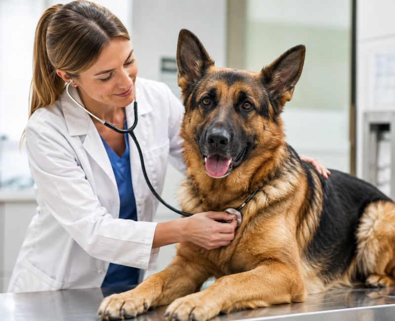 German Shepherd receiving a wellness exam from a veterinarian