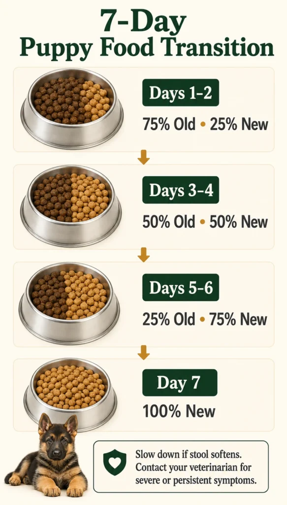 Seven-day schedule for gradually changing a puppy’s food