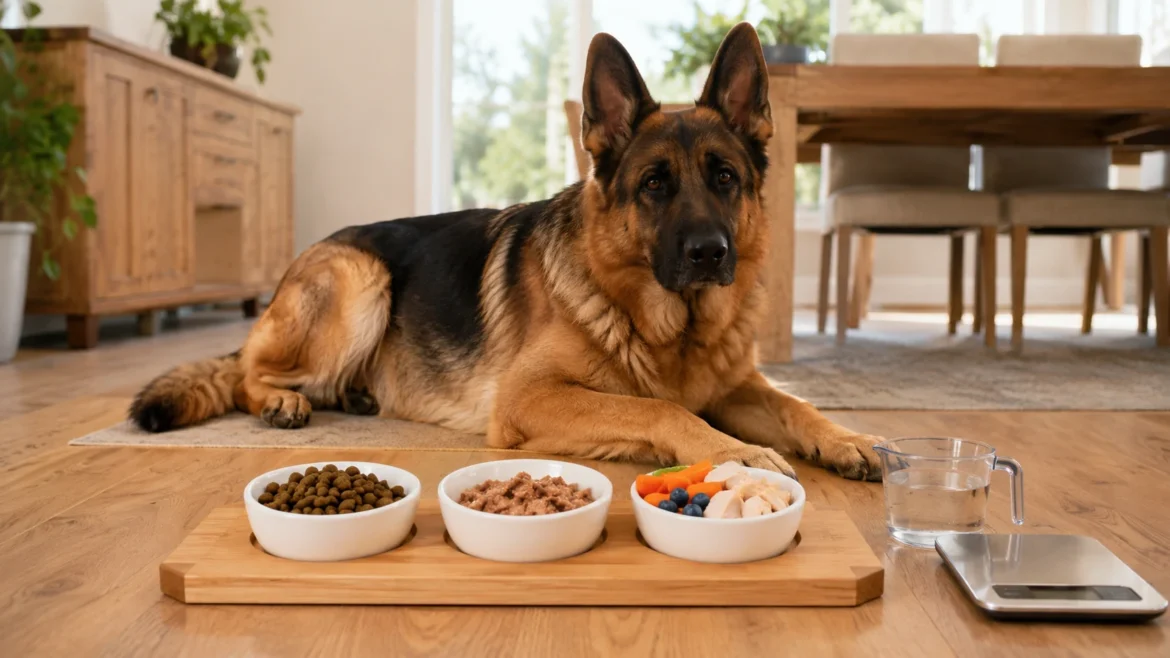 German Shepherd beside measured bowls of dry food wet food and safe treats