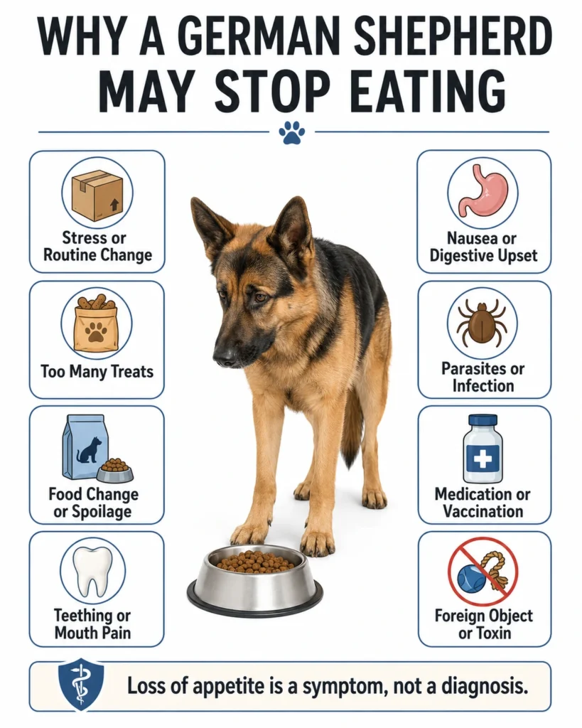 Why Is My German Shepherd Not Eating? Causes, Warning Signs, and What to Do Common possible reasons a German Shepherd may stop eating, including stress, food changes, mouth pain, nausea, and illness.