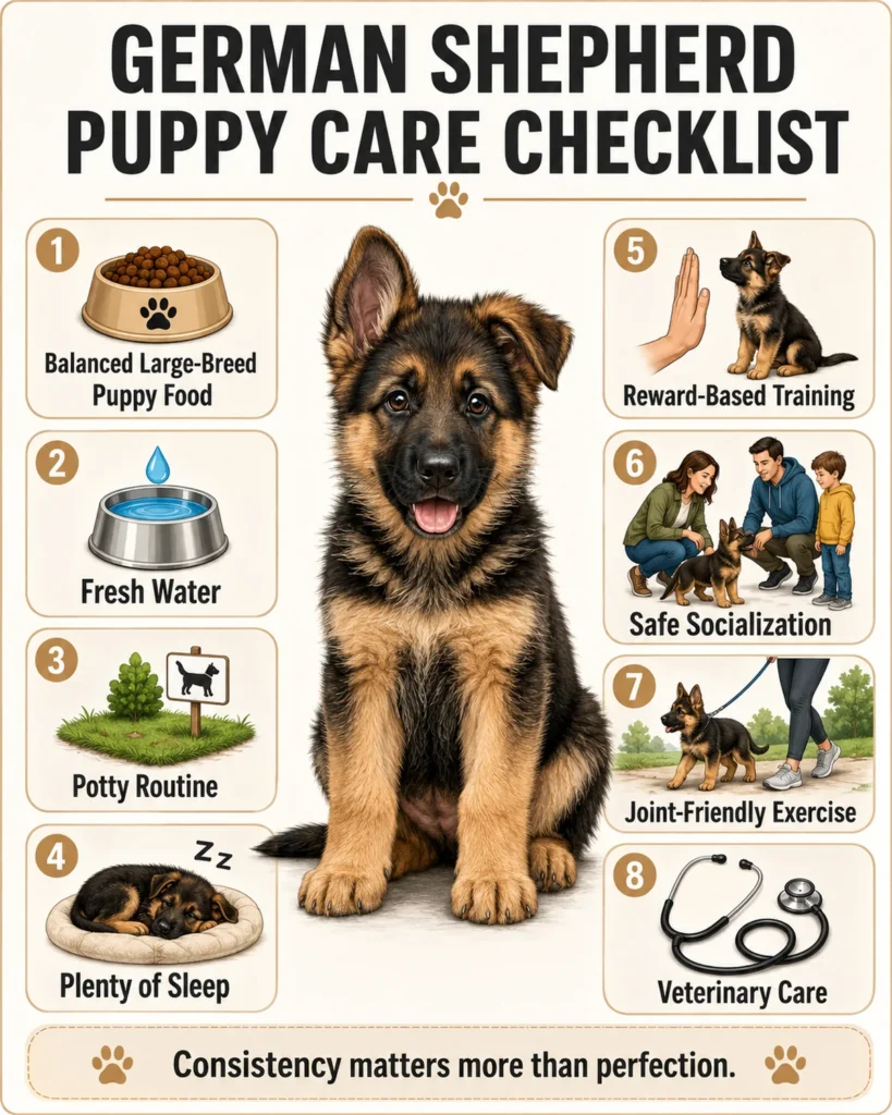 How to Take Care of a German Shepherd Puppy: 12 Essential Steps German Shepherd puppy care checklist covering food, water, sleep, training, exercise, grooming, socialization, and veterinary care.