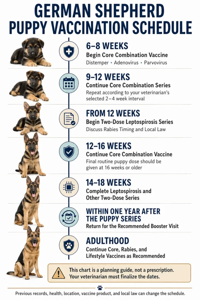 German Shepherd Puppy Vaccination Schedule: Core Shots by Age German Shepherd puppy vaccination timeline from the first core vaccine through puppy boosters and adult preventive care.