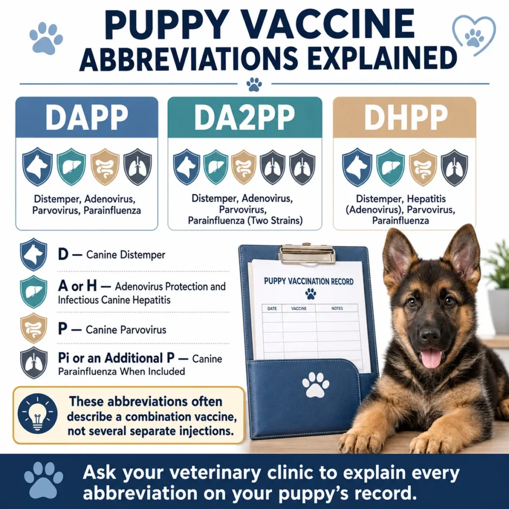German Shepherd Puppy Vaccination Schedule: Core Shots by Age DAPP, DA2PP, and DHPP vaccine abbreviations explained for German Shepherd puppy owners.