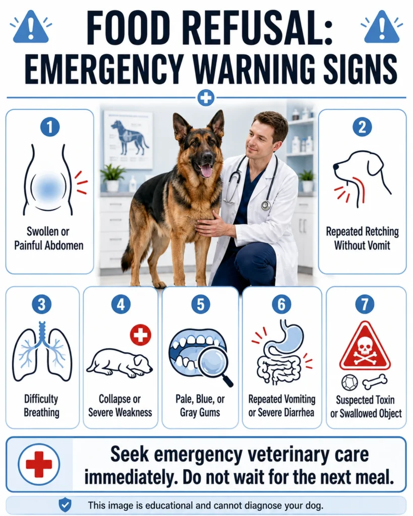 Why Is My German Shepherd Not Eating? Causes, Warning Signs, and What to Do Emergency warning signs in a German Shepherd that is not eating, including bloating, repeated retching, breathing trouble, and collapse.