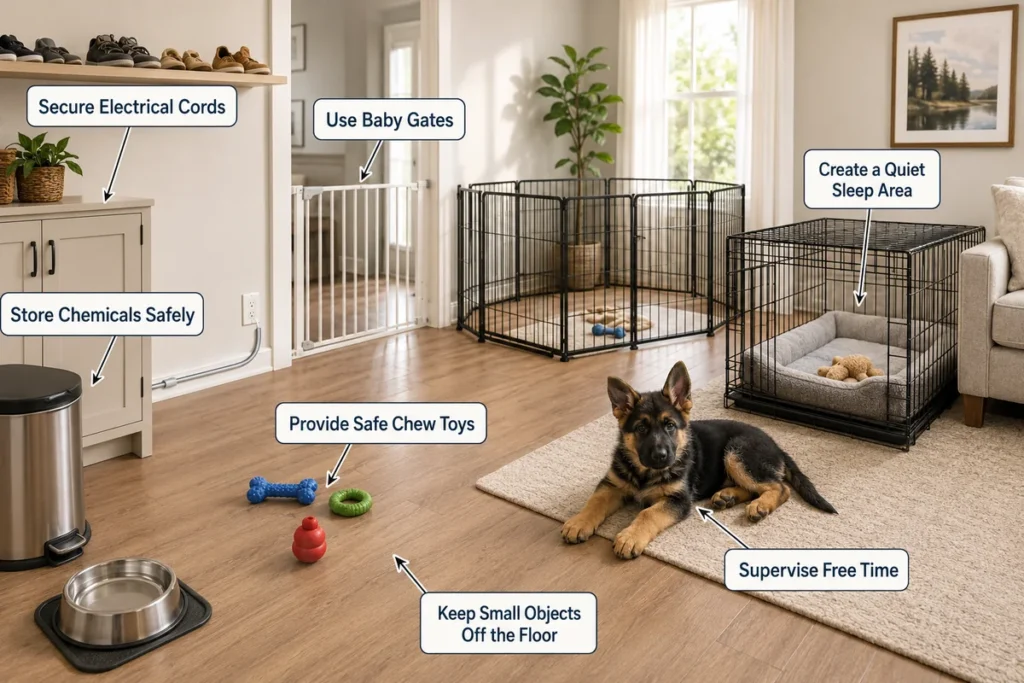 How to Take Care of a German Shepherd Puppy: 12 Essential Steps A puppy-proofed living room with a crate, baby gate, safe chew toys, and secured household hazards.