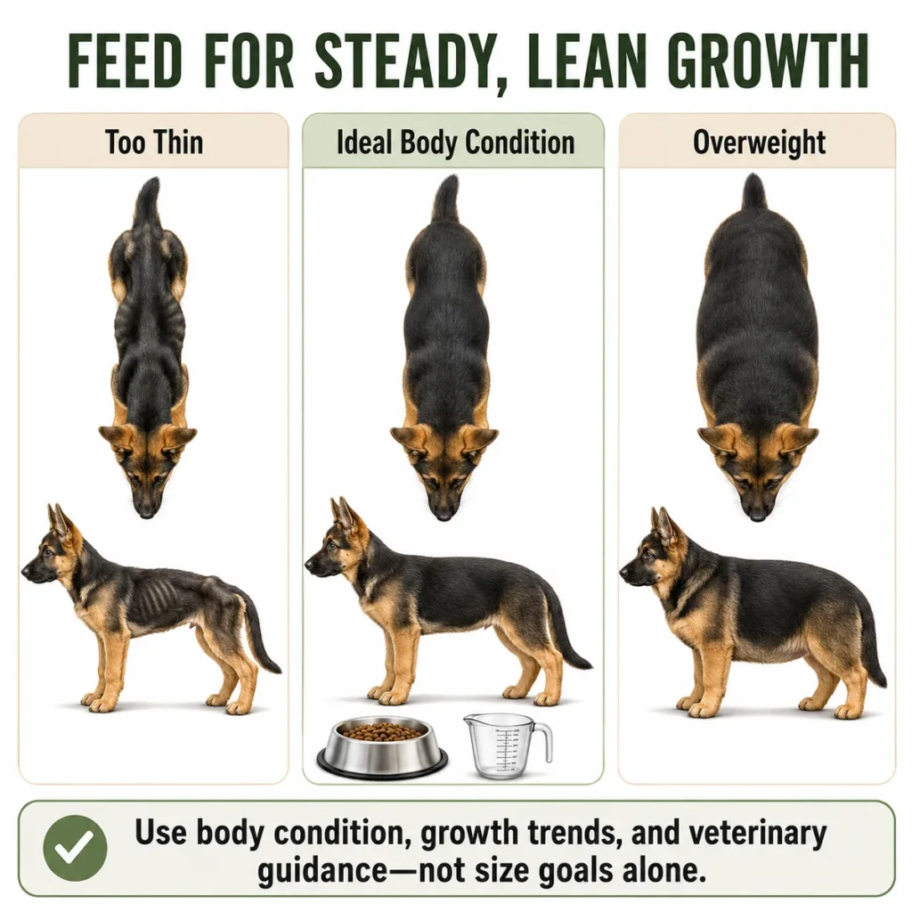How to Take Care of a German Shepherd Puppy: 12 Essential Steps Comparison of thin, ideal, and overweight body conditions in a growing German Shepherd puppy.