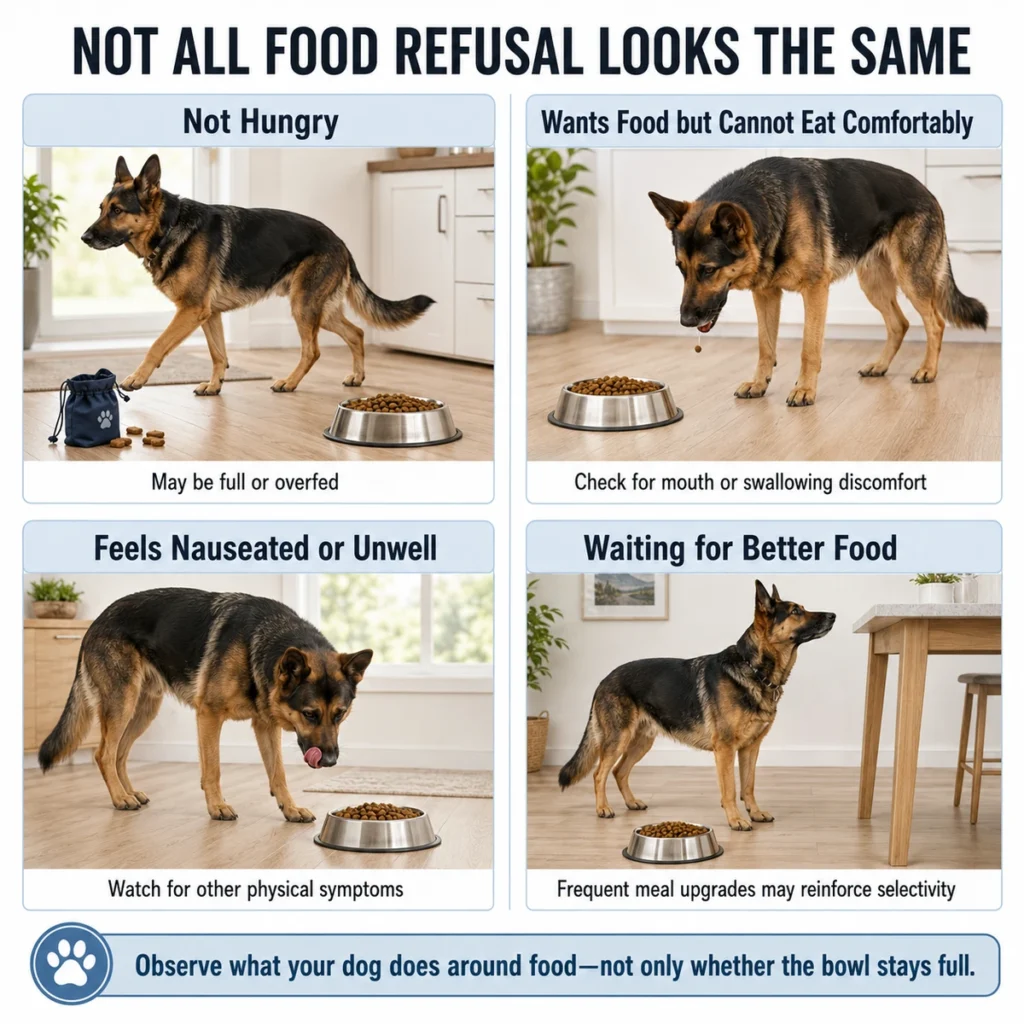 Why Is My German Shepherd Not Eating? Causes, Warning Signs, and What to Do Comparison of a German Shepherd that is not hungry, cannot eat comfortably, feels unwell, or waits for preferred food.