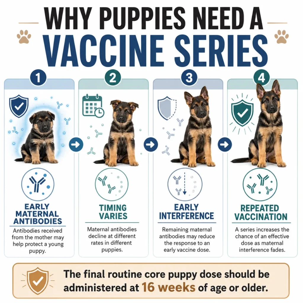 German Shepherd Puppy Vaccination Schedule: Core Shots by Age Diagram explaining maternal antibodies and why a German Shepherd puppy needs several core vaccine doses.