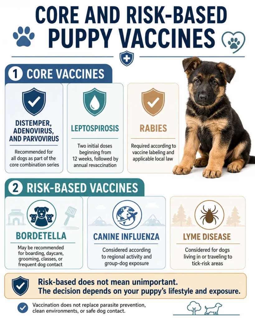 German Shepherd Puppy Vaccination Schedule: Core Shots by Age Core and risk-based vaccines that may be included in a German Shepherd puppy health plan.