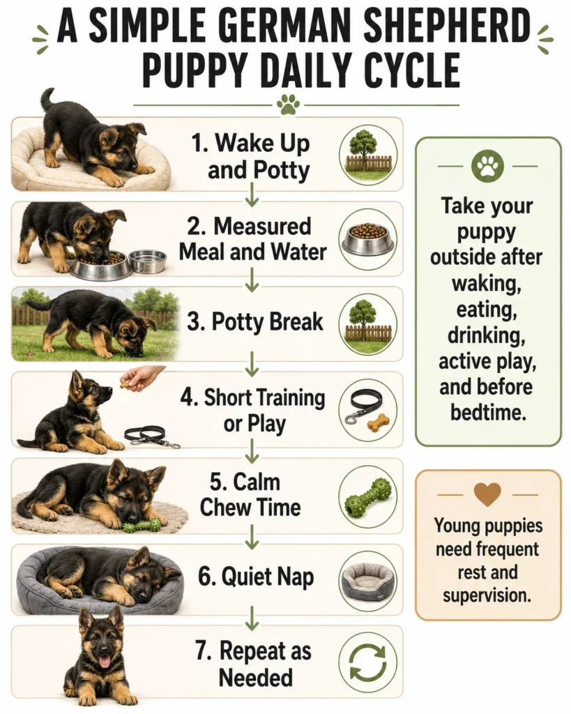 How to Take Care of a German Shepherd Puppy: 12 Essential Steps A German Shepherd puppy daily routine showing potty breaks, meals, training, play, chewing, and naps.