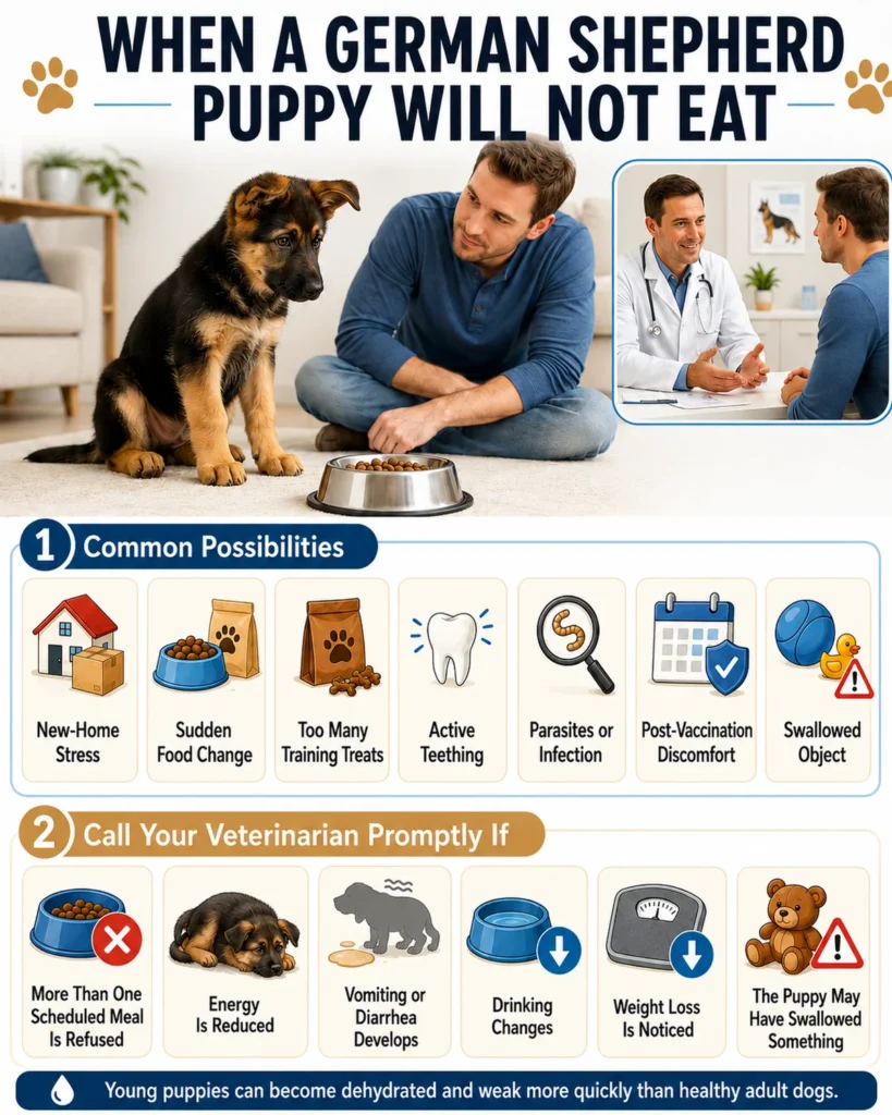 Why Is My German Shepherd Not Eating? Causes, Warning Signs, and What to Do German Shepherd puppy not eating food with possible causes and signs that require prompt veterinary advice.