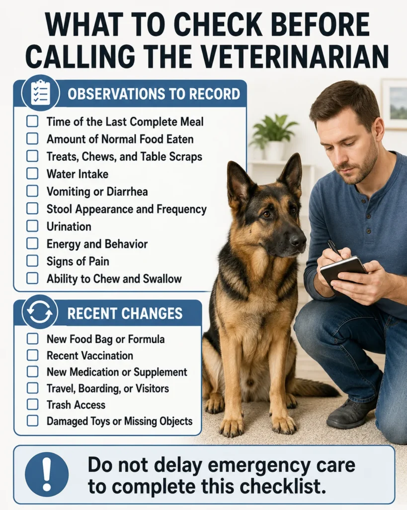 Why Is My German Shepherd Not Eating? Causes, Warning Signs, and What to Do Checklist of food intake, water, stool, behavior, medication, and recent changes to track when a German Shepherd stops eating.