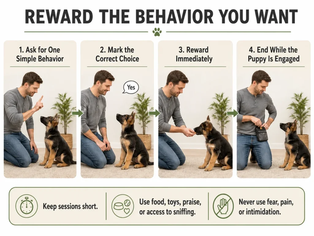 How to Take Care of a German Shepherd Puppy: 12 Essential Steps Four reward-based training steps for teaching a German Shepherd puppy simple behaviors.